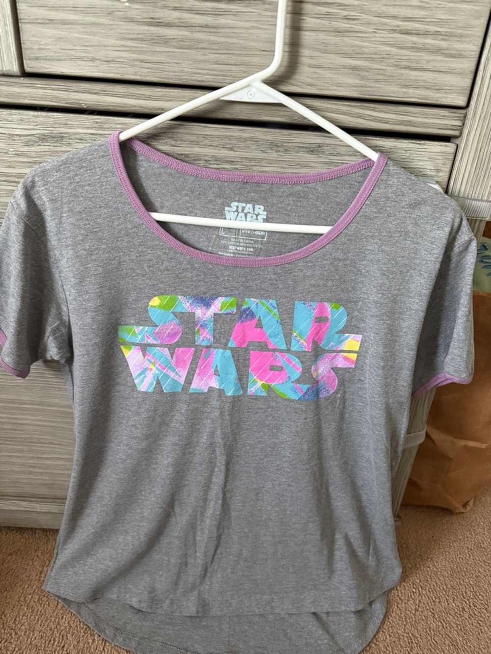Star Wars Gray Tee with Pink Trim and Multicolor Logo